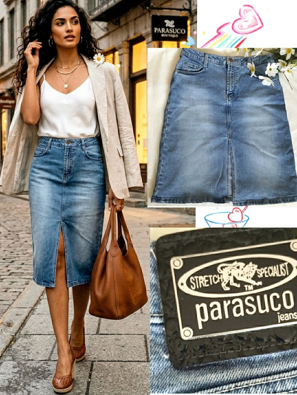 Vintage Parasuco Denim Skirt🔥Medium Wash Blue Midi Knee Length